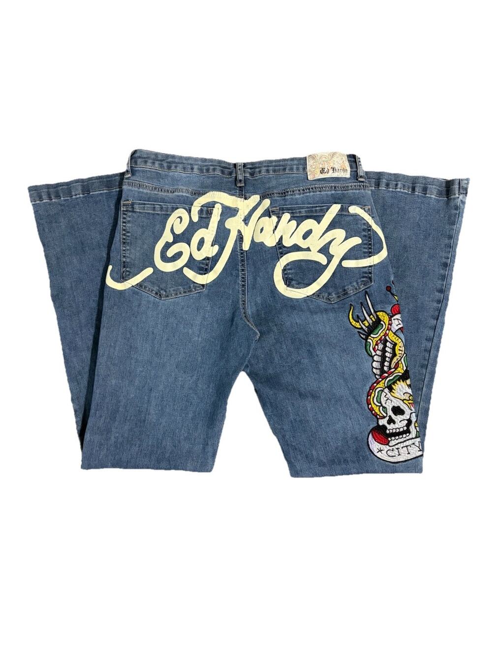 Ed Hardy Vintage Embroidered Flared Blue Denim Jeans 32x32